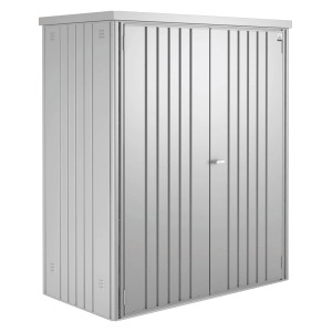 Biohort 150-es méretű szerszámos szekrény, ezüst-metál, Sz 155 cm. Fém kerti szekrény dupla ajtóval.