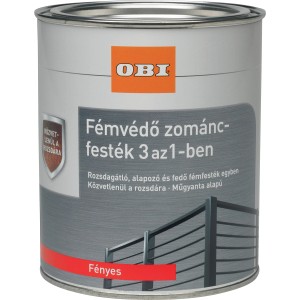OBI 3in1 fémvédő zománcfesték, fényes fekete, 375ml doboz. Rozsdagátló, alapozó és fedőfesték egyben.
