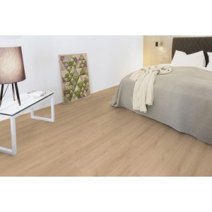 Kaindl Excellent 8 mm-es tölgy Evoke Crystal laminált padló hálószobában.