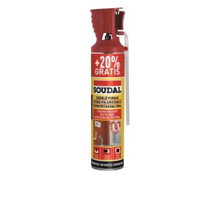 Soudal szerelő- és szigetelő PU hab doboz piros kupakkal és nyomatokkal.
