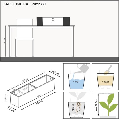 Lechuza Balconera Color 80, fehér, 79x19cm, diagram méretekkel és öntözési töltési szintekkel.