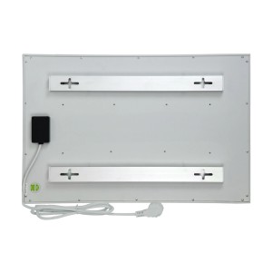 A fehér Infrae Design XS 240 W fűtőpanel hátsó nézete fali tartóval és kábellel.