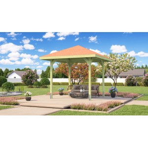Weka Pavillon Gartenoase 651, fa pavilon narancssárga tetővel a kertben.