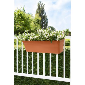 Antracit színű Florus Mediterran 80 cm-es virágláda fehér virágokkal egy erkélykorláton.