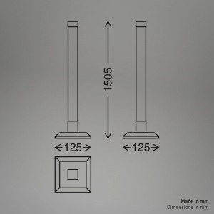 A t.b.t. LED állólámpa méretei: magasság 1505 mm, talp 125 mm.