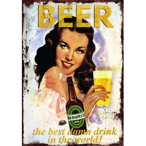 Retro kép: Nő sörösüveggel és pohárral, "Beer" és "Budapest" felirattal.
