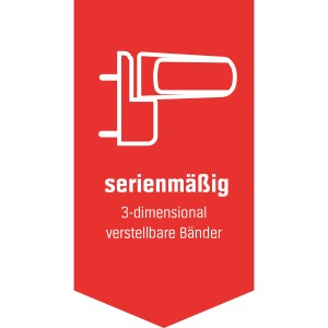 Bejárati ajtó: Piros banner a 3D-ben állítható zsanérokról.