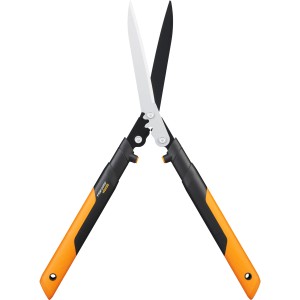 Fiskars PowerGear X HSX92 áttételes sövényvágó narancs-fekete nyéllel és acél pengékkel.