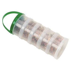 Süllyesztett fejű forgácslap csavarok Ø 3,5x25 mm átlátszó tartályban, zöld fogantyúval.