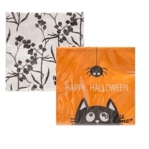 Boltze dekor szalvéták: narancssárga Halloween macskával és pókkal, fehér fekete virágmintával. Négyzet alakú papírszalvéták.