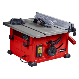 Einhell TC-TS 8 asztali körfűrész: Kompakt, piros asztali fűrész acél munkaasztallal és fűrészlapvédővel.