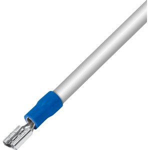 Kék lapos csatlakozóhüvely (Ø 2,5 mm) a kábel végén, 20 darabos csomag az egyszerű kábelcsatlakozáshoz.