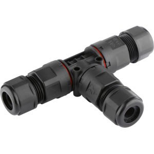 Vízálló T-csatlakozó IP68 1,0-2,5 mm²-es kábelekhez, ideális kültéri telepítésekhez.