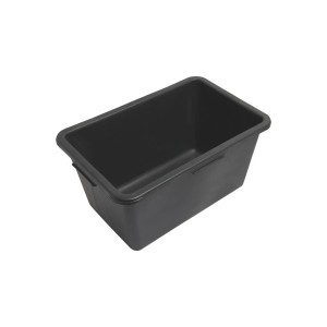 Fekete műanyag habarcsos láda (40 l) négy fogantyúval.