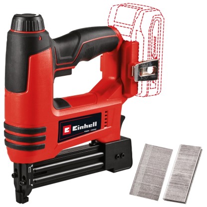 Einhell Power X-Change TE-CN 18 Li Solo akkus szögbelövő/tűzőgép, piros/fekete, szögekkel és kapcsokkal. Akkus szerszám műhelybe és hobbihoz.