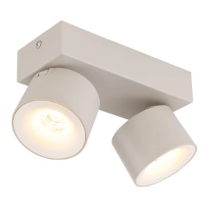 Globo Rae LED spotlámpa, matt homokszínű fém, két hengeres spot, melegfehér fénnyel világítva.