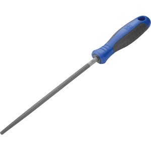 LUX-TOOLS kerek műhelyreszelő, 200 mm, kék-fekete nyéllel. Ideális fémmegmunkáláshoz.