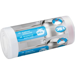 Tekercs szemeteszsák, 35 l, húzózsinórral, 25 db, átlátszó műanyagból.