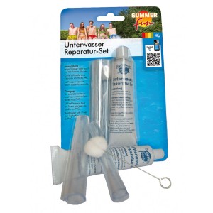 Summer Fun víz alatti javítókészlet medencefóliákhoz ragasztóval és fóliadarabokkal.