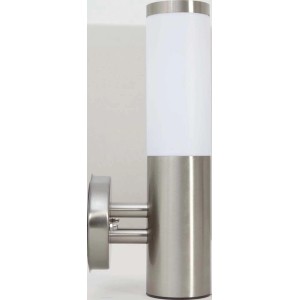 Modern rozsdamentes acél fali lámpa tejüveggel, 33 cm magas, kültéri használatra.