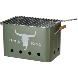 Zöld faszenes grill grillráccsal és "Grill King" nyomattal.