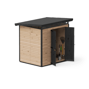 Barna Upyard Strongbox L kerti ház alappal és nyitott dupla ajtókkal.