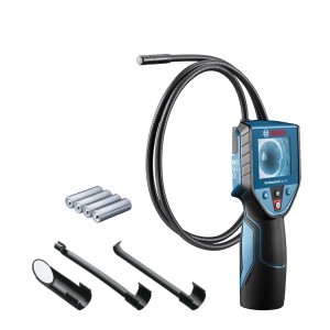 Bosch Professional GIC 120 vizsgáló kamera tartozékokkal és elemekkel.