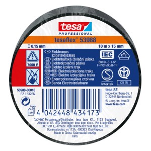 Fekete tesa tesaflex 53988 szigetelőszalag, 10m x 15mm, elektromos szerelésekhez.