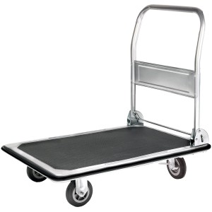 Platformkocsi acéllemezzel, gumi felülettel és összecsukható fogantyúval, teherbírás 250 kg.