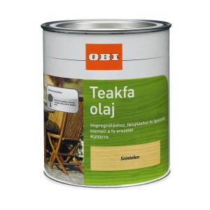 OBI Teak olaj átlátszó 750 ml-es doboz kültéri faápoláshoz.