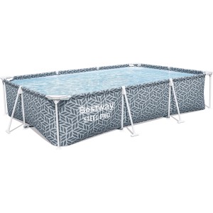 Bestway acélvázas medence, téglalap alakú, 300x201x66 cm, szürke levélmintával és fehér vázzal.
