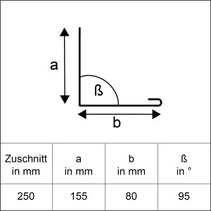 Egy természetes alumínium szögletes lemez rajza cseppentő éllel és méretekkel.