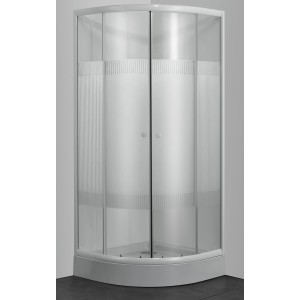 Sanotechnik negyedköríves zuhanykabin, 90x90x180 cm, fehér profilokkal és csíkos mintázattal.