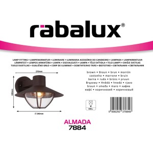 Fekete Rabalux kültéri fali lámpa átlátszó lámpabúrával és méretekkel.