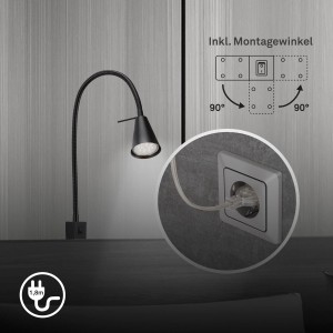 Forgatható fekete Briloner LED ágy melletti lámpa, meleg fehér fény, szerelési lehetőségekkel.