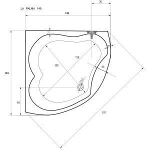 Műszaki rajz Sanotechnik La Palma sarokkád, 149 cm, méretek és részletek.