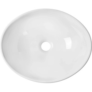 Fehér, ovális baliv pultra szerelhető mosdó fényes porcelánból, középső lefolyóval. Modern fürdőszobai design.