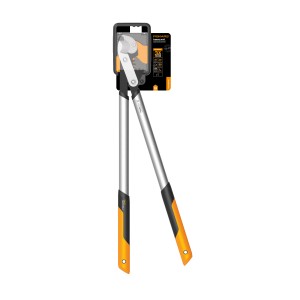 Fiskars Amboss áttételes ágvágó LX99-L, hosszú nyelű kerti olló narancssárga díszítéssel.