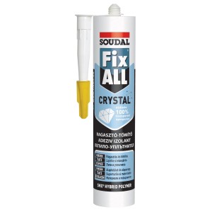 Soudal Fix All Crystal ragasztó, 80g patron, átlátszó szilikon és akril alkalmazásokhoz.