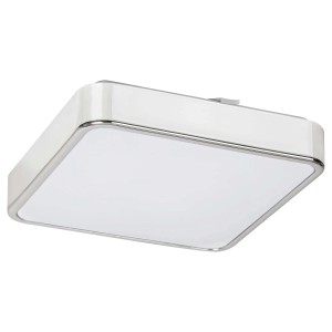 Négyzet alakú LED mennyezeti lámpa fehér színben, ezüst kerettel.