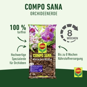 Compo Sana Orchidea föld, 5 l, tőzegmentes zsákban orchidea virágokkal.
