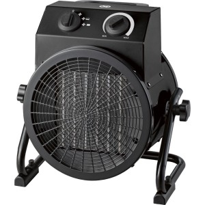 Fekete Lieksa 5000 W 2az1-ben kerámia fűtőtest és ventilátor. Robusztus elektromos fűtőberendezés állvánnyal, szabályzókkal.