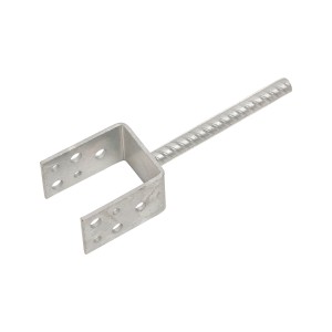 U alakú oszloptartó betonozáshoz, 61 mm széles, bordázott dübellel, horganyzott acél.
