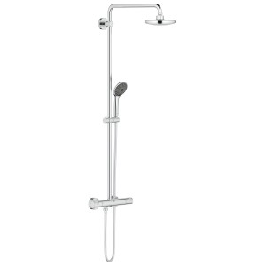 Grohe Vitalio Joy 180 zuhanyrendszer, 5 részes, króm: fej-, kézi zuhany, termosztát és zuhanycső.
