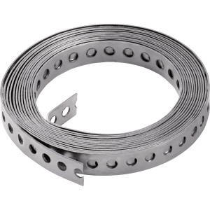 Rozsdamentes acél lyukszalag, 12 mm széles, 1,5 m hosszú, fa szerkezetekhez és univerzális rögzítésekhez.