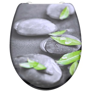 Schütte WC-ülőke Stone SoftClose funkcióval, duroplaszt, kő mintával és zöld levelekkel.