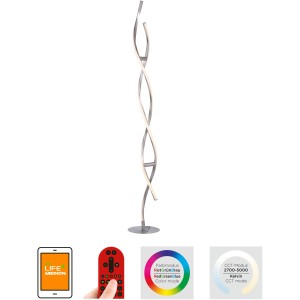 LOLAsmart-Swing okos LED állólámpa acél színben, 140 cm magas, távirányítóval és alkalmazásvezérléssel.