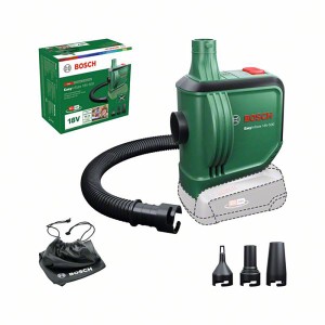 Bosch EasyInflate 18V-500 akkus légpumpa tömlővel, fúvókákkal és táskával.