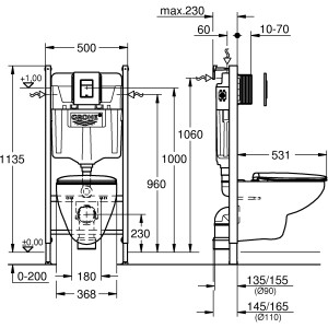 Műszaki rajz: Grohe QuickFix WC-Set 5-in-1 Solido Compacthoz, méretek és részletek.