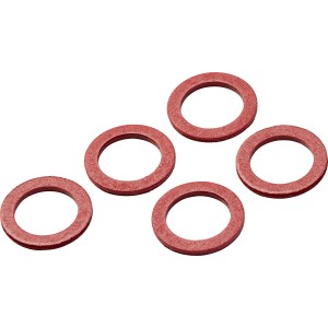 Öt piros szálas tömítés (Ø 12 mm x Ø 18 mm) a menetek tömítéséhez.